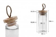 Ahşap kapaklı, kordonlu ve hava geçirmez kapaklı 60 ml cam yuvarlak kavanoz 83x45 mm