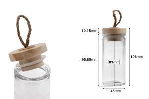 Малко стъклено кръгло бурканче 90 мл  106x45 mm  с дървена тапа и връзка-изображение_размери