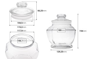Стъклен съд 1800 мл със стъклен капачка 180x194 mm-изображение_размери