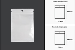 Пластмасови пликове с цип  затваряне с размери 110x160 mm, с бял гръб и прозрачна предна част с дупка - 100 бр.-изображение_размери