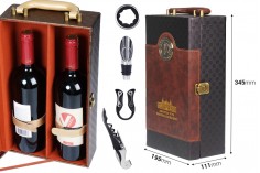 Луксозна кутия за бутилки за вино с кожено кафяво и златисто покритие, с аксесоари 