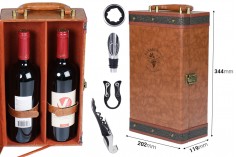 Луксозна кутия за бутилки за вино, с аксесоари, с кафяво кожено покритие 