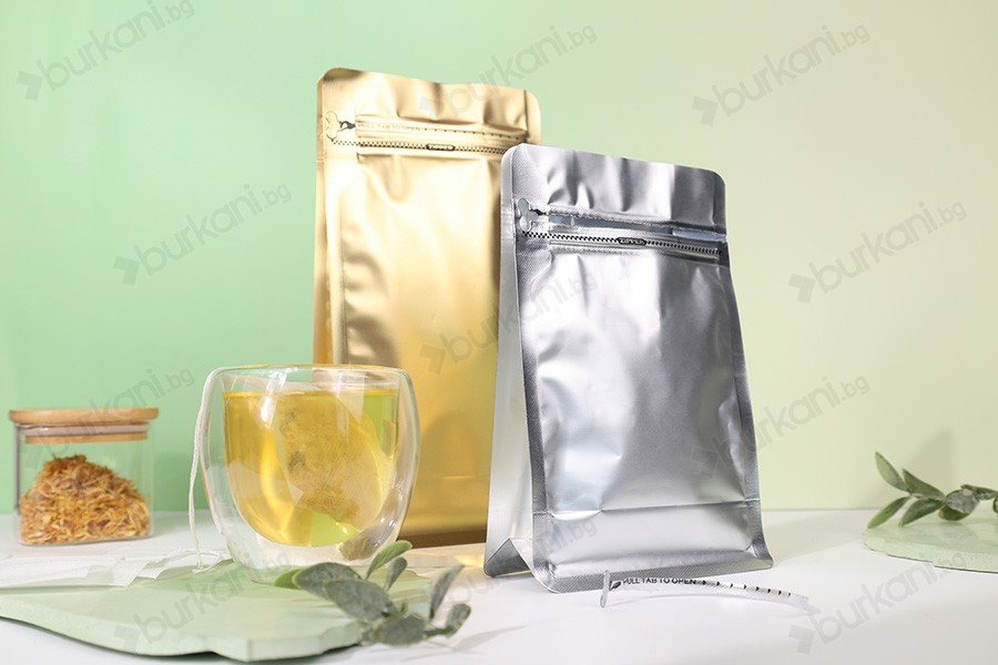 Алуминиеви торбички тип Doy Pack 130x70x200 мм с клапан, затваряне с цип и възможност за термозапечатване - 25 бр.-изображение_група