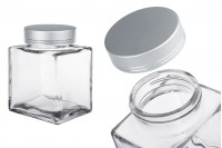 Gümüş mat kapaklı ve gümüş şeritli lüks cam kavanoz 360 ml - 6 adet