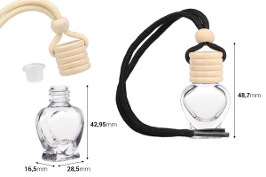 Стъклена бутилка за ароматизатор за кола 5 мл Сърце с дървена капачка и тапичка - 25 бр.-изображение_размери