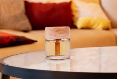 Стъклена прозрачна  бутилка 50 мл с дървена капачка за ароматизатор 