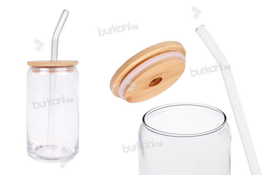 Стъклен буркан-чаша 400 мл с дървена капачка с дупка и стъклена сламка - 6 бр. 