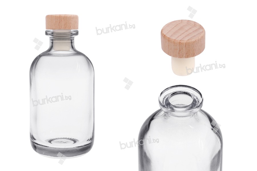 Стъклена прозрачна бутилка 100 мл с дървено-силиконова тапа 