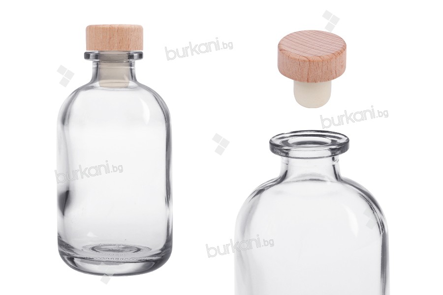 100 ml şeffaf cam şişe, ahşap kafalı, silikon mantarlı