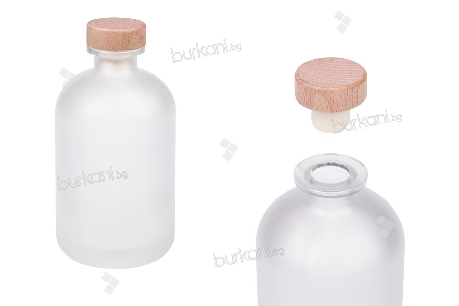 500 ml şeffaf cam şişe, ahşap kafalı, silikon mantarlı