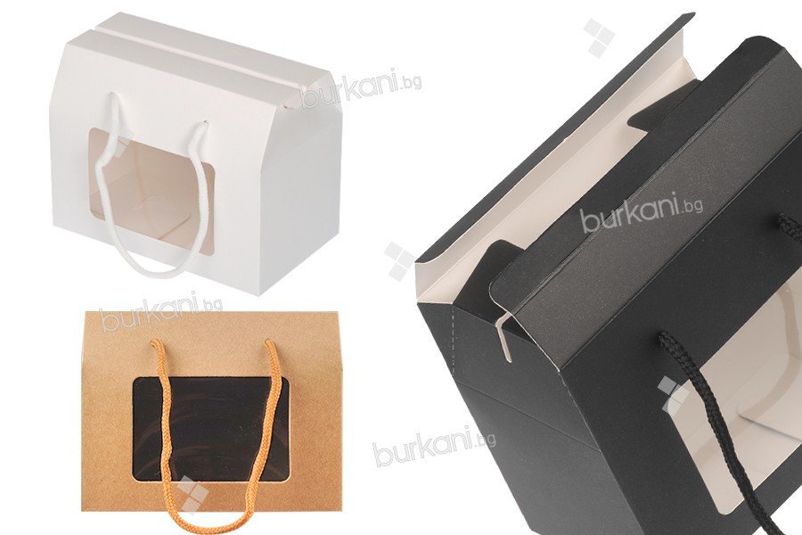 Хартиена кутия - подаръчна торбичка 150х90х115 мм с връв и прозорец - 12 бр.