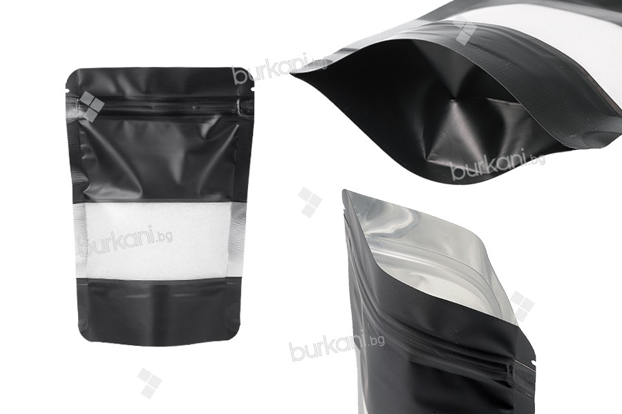 Doy Pack tipi alüminyum torbalar, &quot;fermuarlı&quot; kapaklı, pencereli ve ısıl yapışma ile mühürleme imkanı 90x30x140 mm - 100 adet