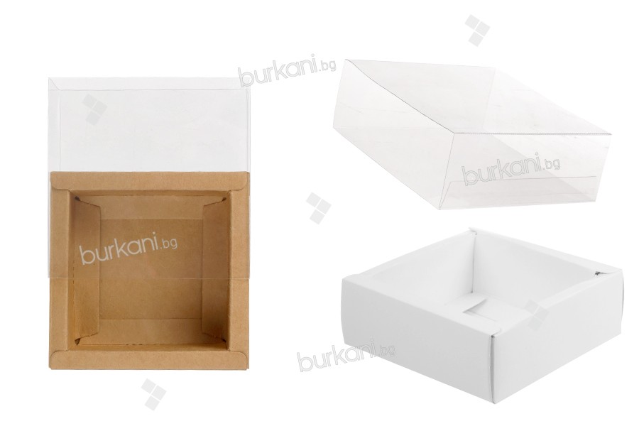 Хартиена опаковъчна кутия (300gsm) 85x85x30 мм с прозрачен пластмасов капак (бяло или крафт) -12 бр.