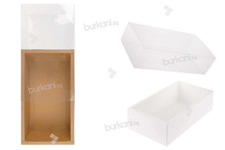 Хартиена опаковъчна кутия (300gsm)  в бял и крафт цвят  220x120x60 мм с прозрачен капач- 12 бр.