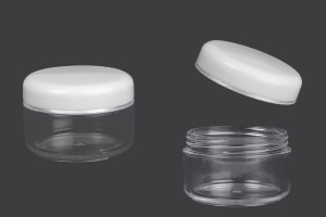 Прозрачно пластмасови бурканче  50 ml с бяла капачка със сребриста лента  в опаковка от 12 броя-изображение_продукт