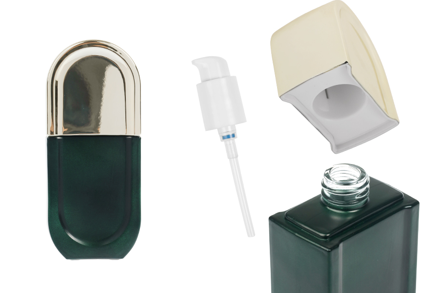 Стъклена бутилка 40 мл в матово зелен цвят с бяла помпа и златиста капачка-изображение_продукт