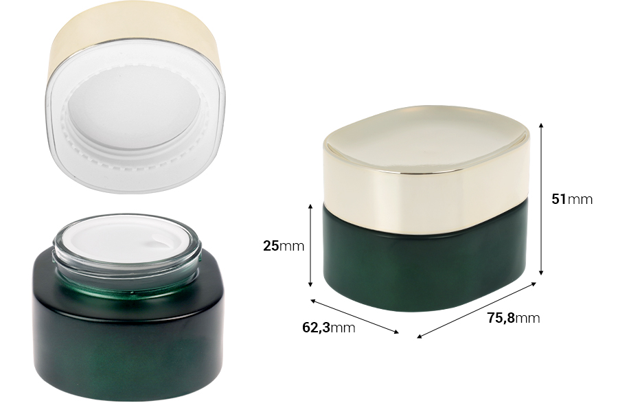 Стъклен буркан 50 мл в матово зелен цвят със златиста капачка с пластмасов уплътнител и с вътрешна пластмасова вложка  -изображение_размери