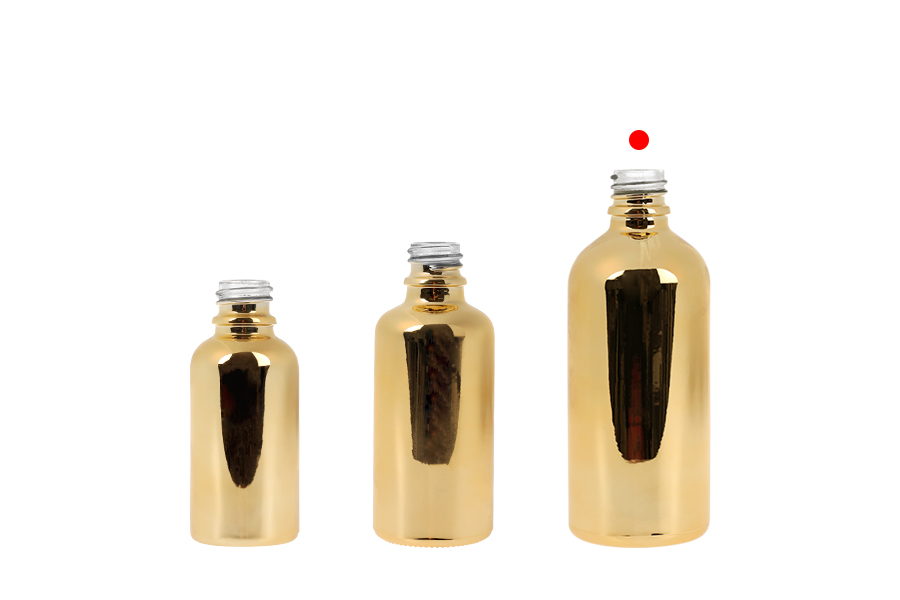 Стъклена бутилка за етерични масла 100 мл с PP18 гърловина в сребрист или златист цвят-изображение_група