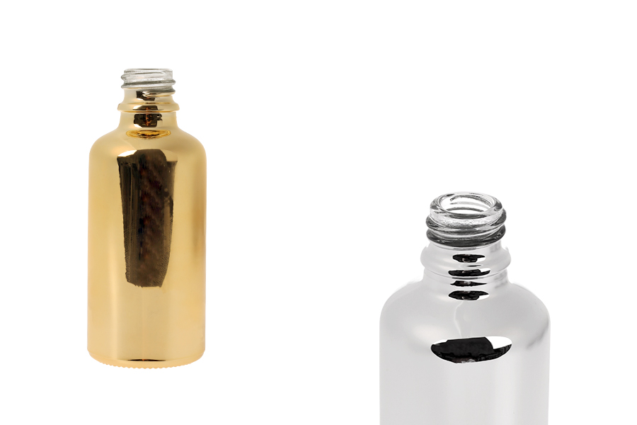 Стъклена бутилка 50 мл за етерични масла с PP18 гърловина в златист или сребрист цвят-изображение_продукт