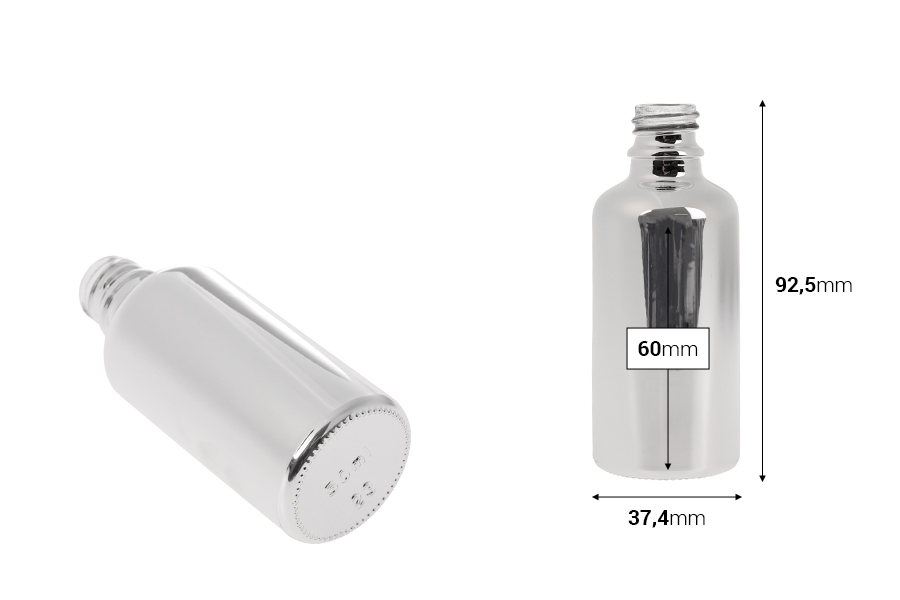 Стъклена бутилка 50 мл за етерични масла с PP18 гърловина в златист или сребрист цвят-изображение_размери