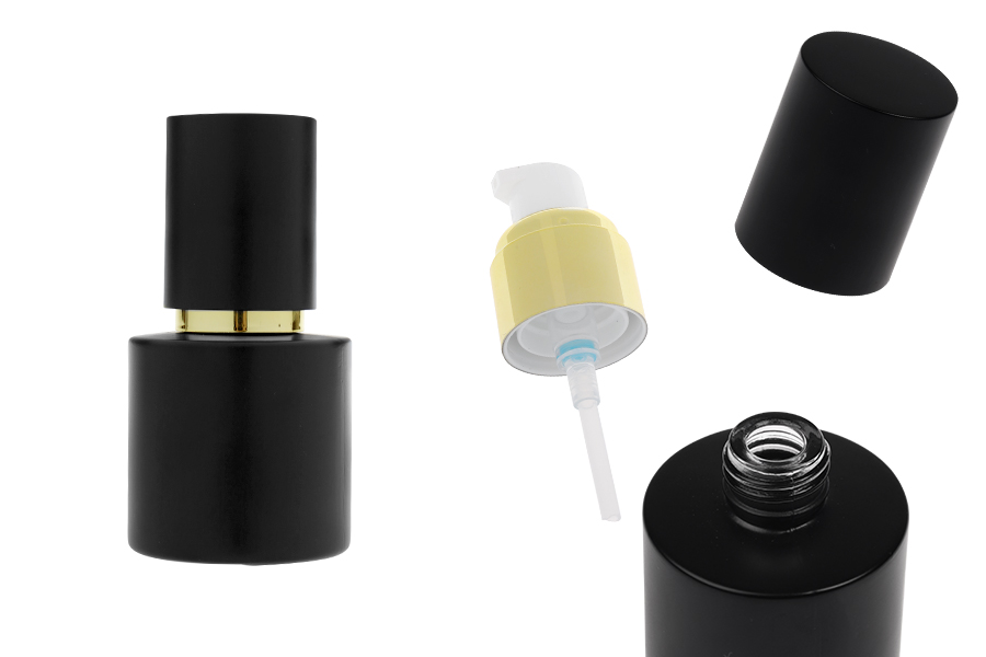 Матово черно стъклено шишенце 30 мл със златиста помпа за крем и матово черна капачка-изображение_продукт