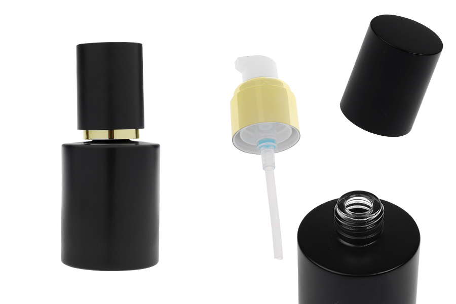 Матова черна стъклена бутилка 50 мл със златна помпа за крем  и матово черна капачка-изображение_продукт