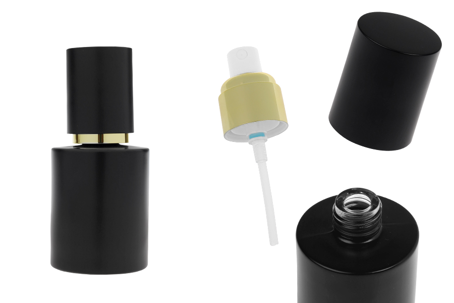 Матово черно стъклено шишенце 50 мл със златен спрей и матово черна капачка-изображение_продукт