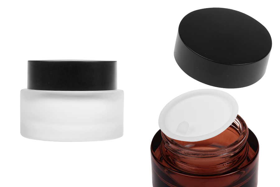 Стъклен буркан 50 мл с черна матова капачка пластмасово уплътнение и вътрешна пластмасова вложка-изображение_продукт