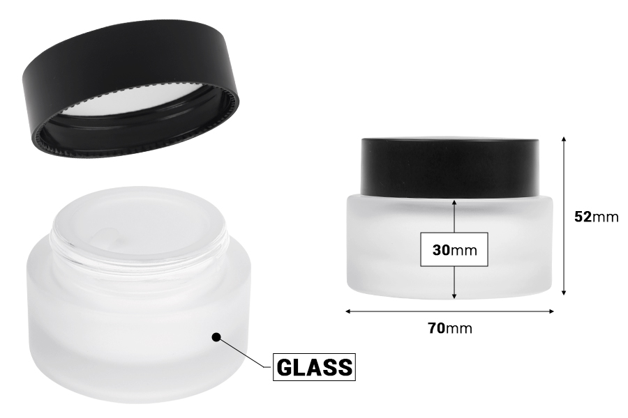 Стъклен буркан 50 мл с черна матова капачка пластмасово уплътнение и вътрешна пластмасова вложка-изображение_размери