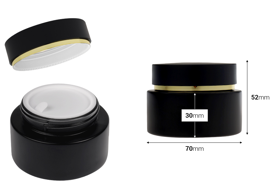 Стъклен матов буркан 50 мл с матова черна капачка с уплътнител и пластмасова вътрешна вложка -изображение_размери