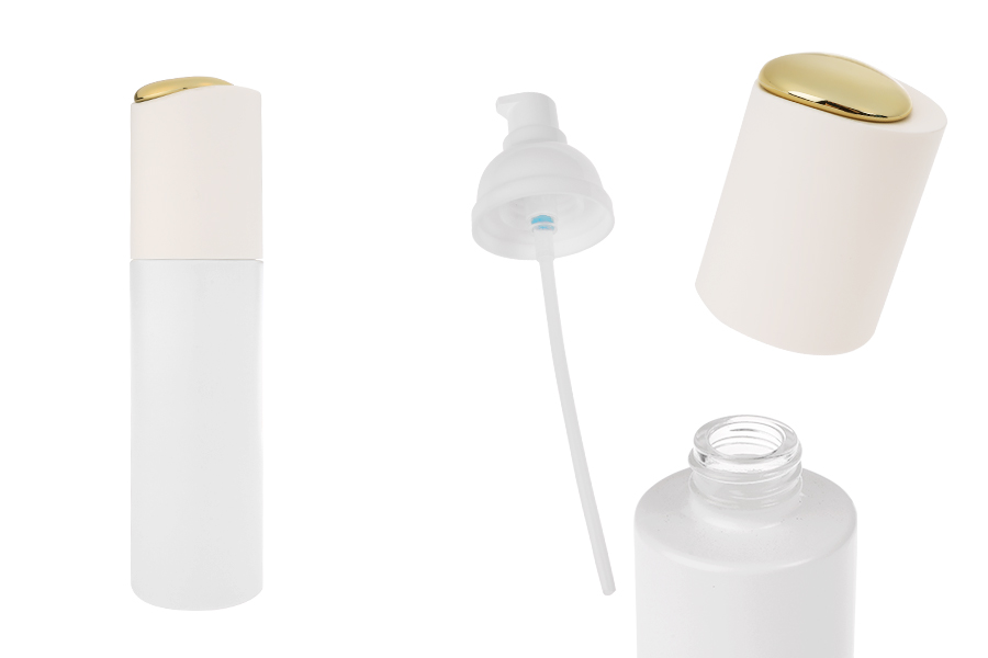 Луксозна стъклена бяла матова бутилка 100 мл със златиста помпа за крем/лосион и бяла капачка-изображение_продукт