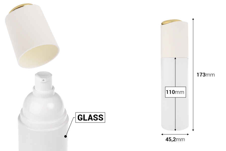 Луксозна стъклена бяла матова бутилка 100 мл със златиста помпа за крем/лосион и бяла капачка-изображение_размери