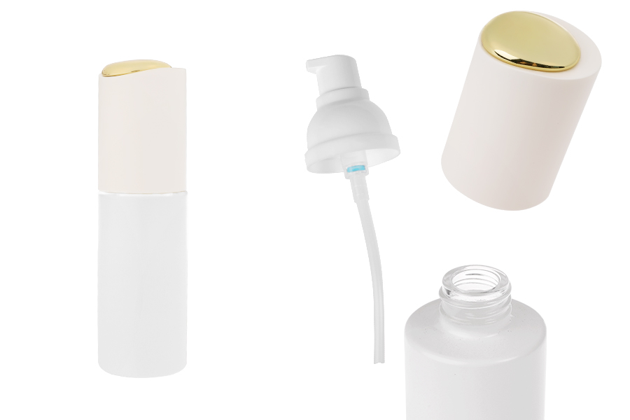 Луксозна стъклена бяла матова бутилка 40 мл със златиста помпа за крем/лосион и бяла капачка-изображение_продукт