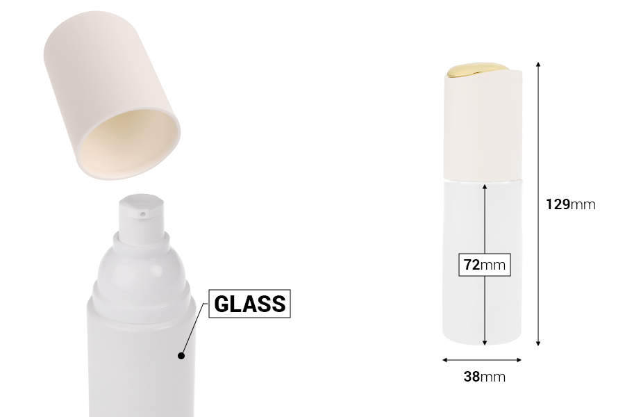 Луксозна стъклена бяла матова бутилка 40 мл със златиста помпа за крем/лосион и бяла капачка-изображение_размери