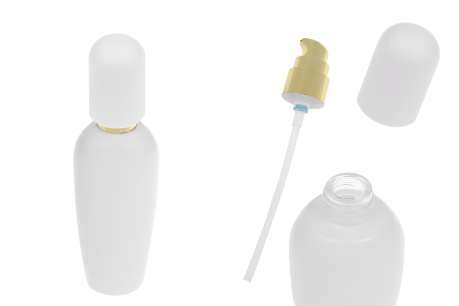 Стъклена луксозна бяла матова бутилка 100 мл със златиста крем помпа и матова бяла капачка -изображение_продукт