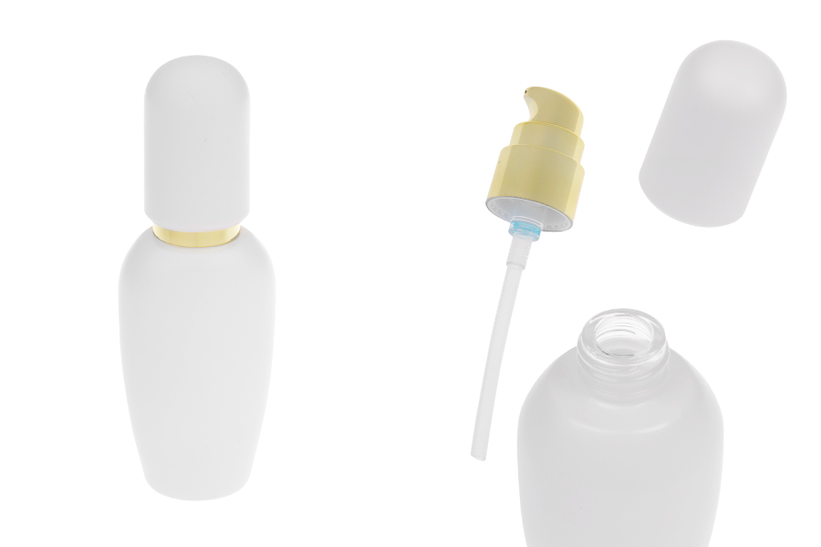 Стъклена луксозна бяла матова бутилка 40 мл със златиста крем помпа и матова бяла капачка -изображение_продукт