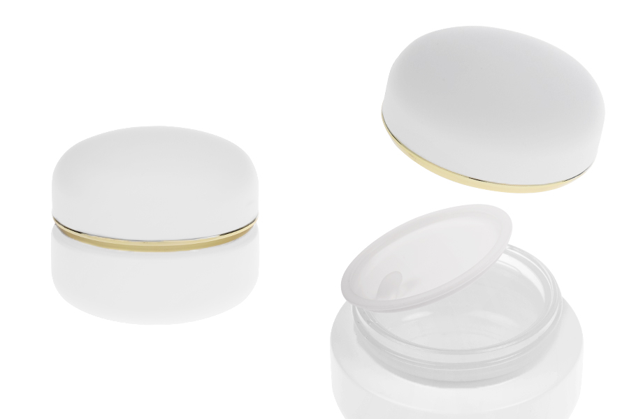 Стъклен матов бял буркан за крем  30 мл с капачка със златиста лента с уплътнител и вътршена вложка  -изображение_продукт