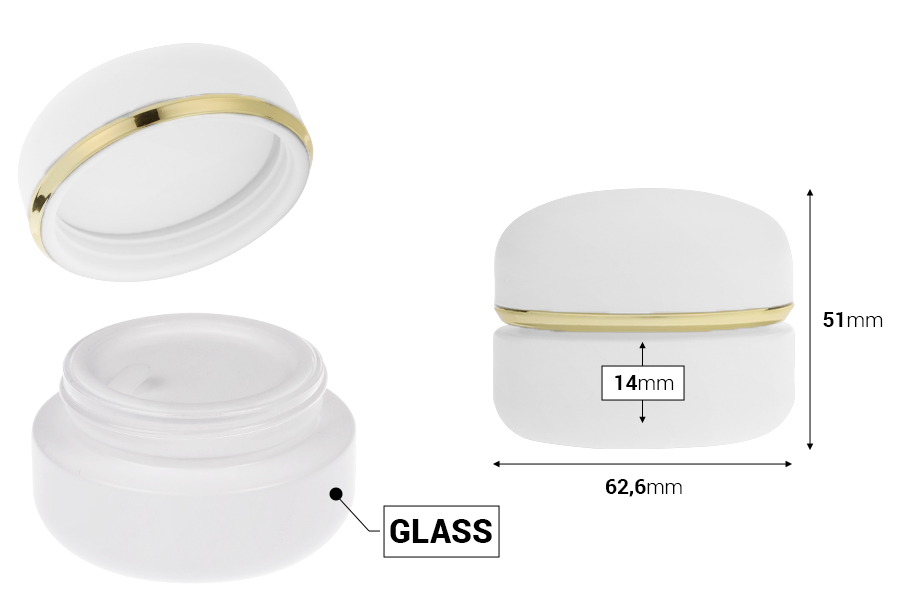 Стъклен матов бял буркан за крем  30 мл с капачка със златиста лента с уплътнител и вътршена вложка  -изображение_размери