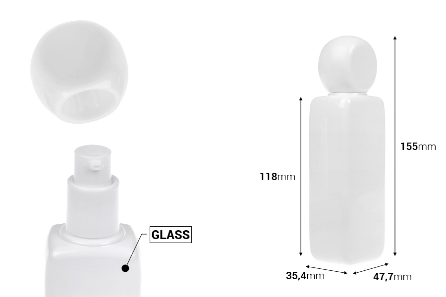 Стъклена бяла бутилка 100 мл с помпа за крем и капачка-изображение_размери