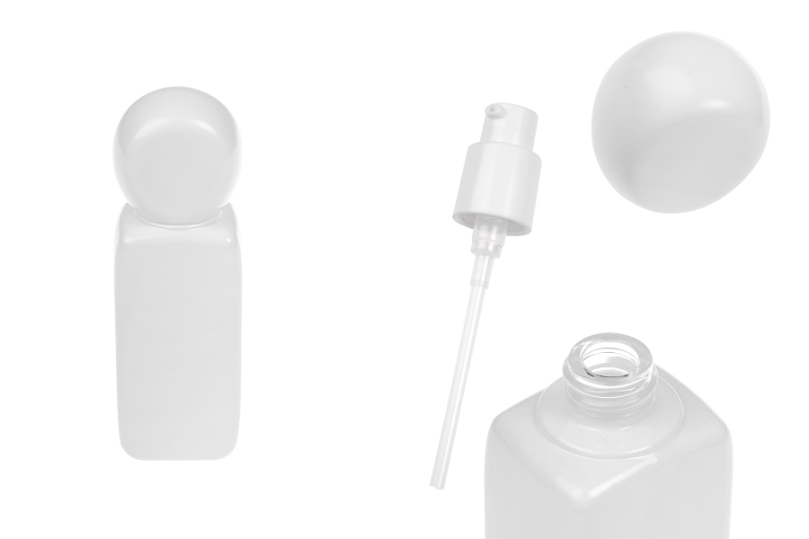 Бяла стъклена бутилка 40 мл с помпа за крем  и капачка-изображение_продукт