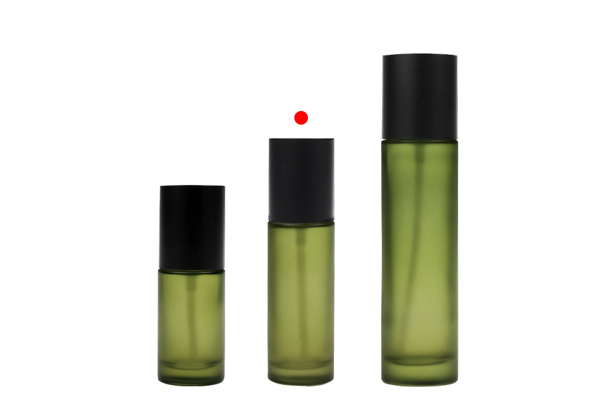 Стъклена зелена матова  50 мл бутилка с помпа за крем и черна матова капачка-изображение_група