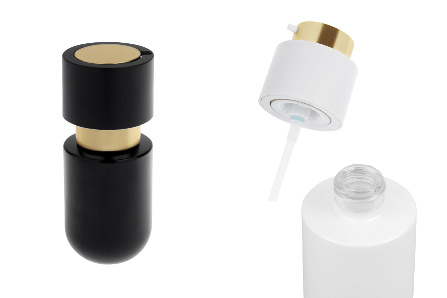 Стъклена бутилка 30 мл със златиста помпа за крем -изображение_продукт