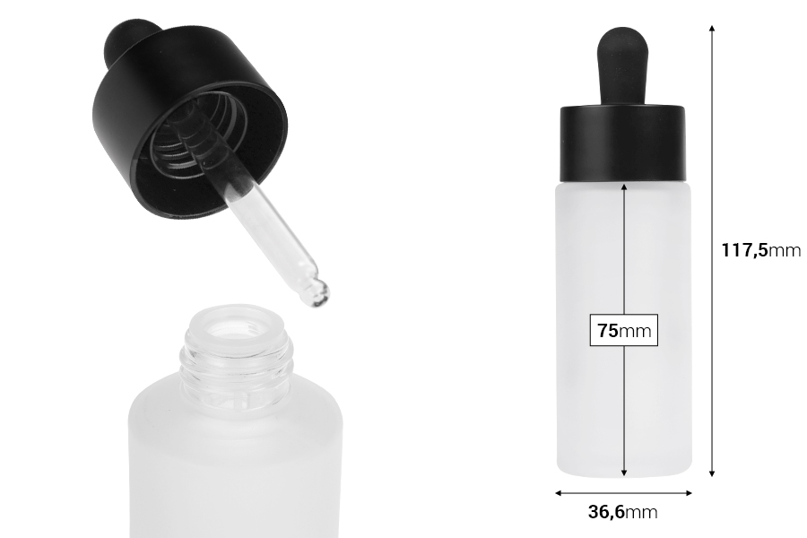 Стъклена бутилка 50 мл с черен матов капкомер и цедка -изображение_размери