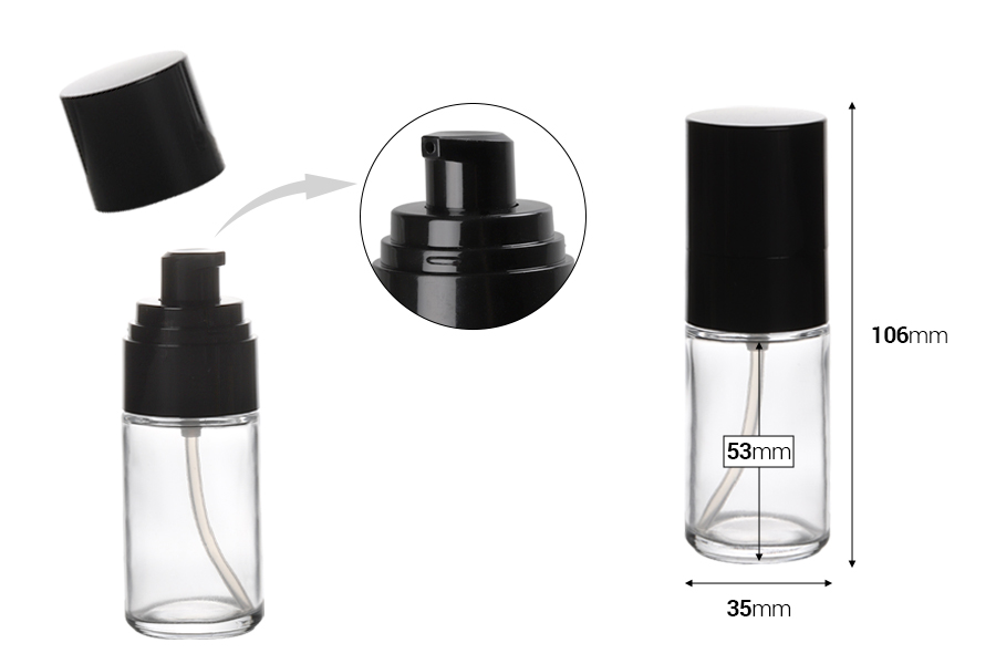 Стъклена бутилка 30 мл с пластмасова помпа за крем и капачка ПП18 Стъклена бутилка 30 мл с пластмасова помпа за крем и капачка ПП18-изображение_размери