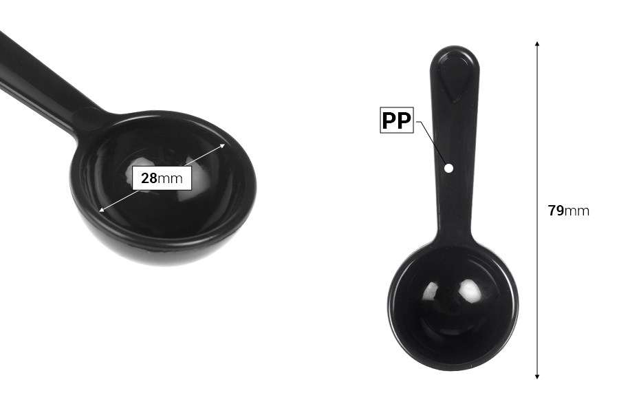 Мерителна лъжичка - пластмасова лъжичка 79 мм в черен цвят - 12 бр.-изображение_размери