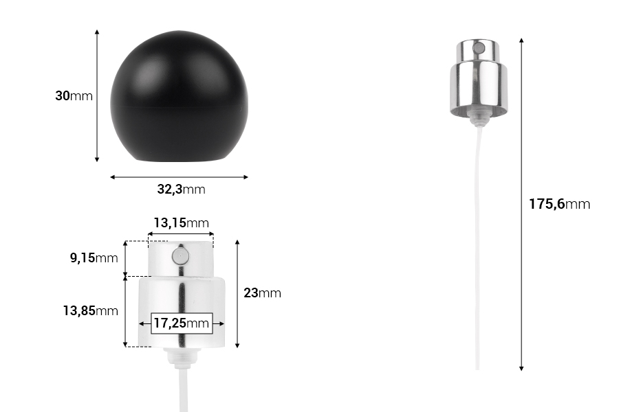 Спрей с черна матова сферична (малка) капачка за парфюмни бутилки Кримп 15 мм -изображение_размери