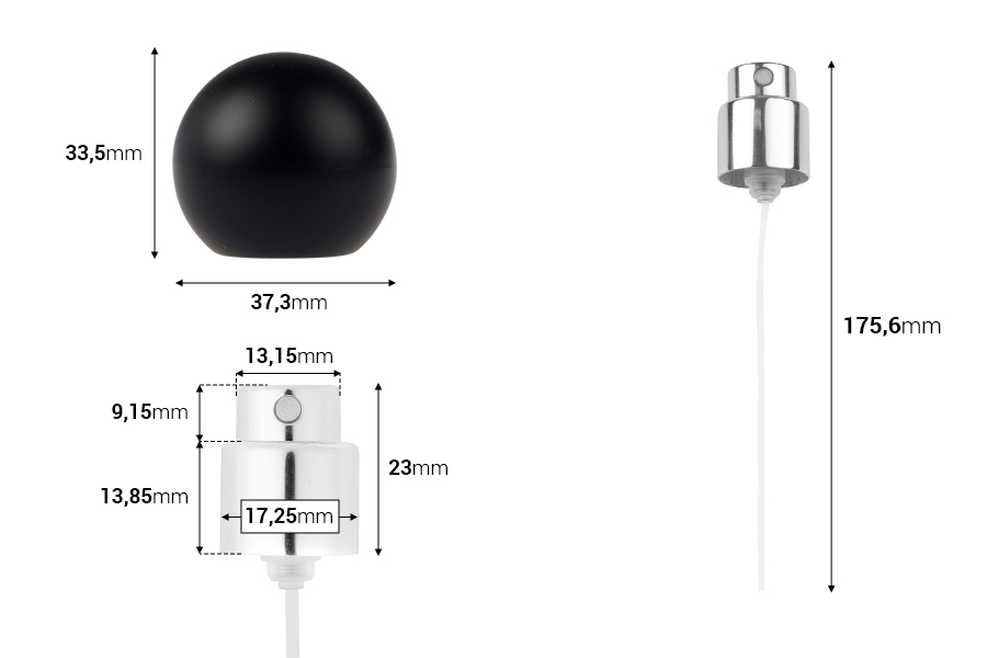 Спрей с черна матова сферична (голяма) капачка за парфюмни бутилки с 15 мм кримпване за безопасно затваряне-изображение_размери