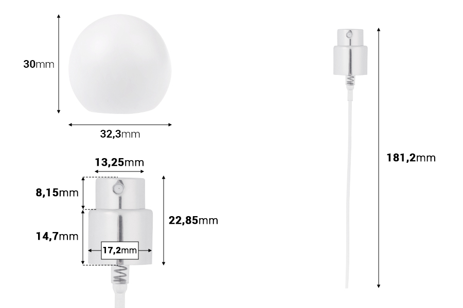 Комплект - алуминиев спрей и бяла сферична капачка (малка) за бутилки с гърловина 15/400-изображение_размери