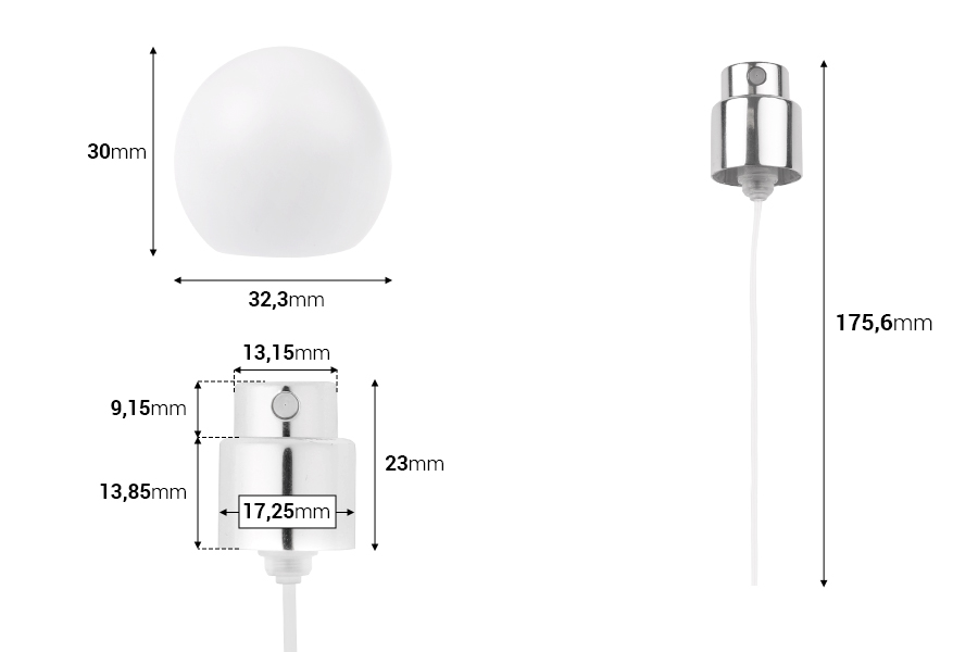 Спрей с бяла матова сферична (малка) капачка за парфюмни бутилки Кримп 15 мм -изображение_размери