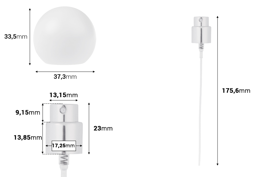 Комплект - алуминиев спрей и бяла сферична капачка (голяма) за бутилки с гърловина 15/400-изображение_размери